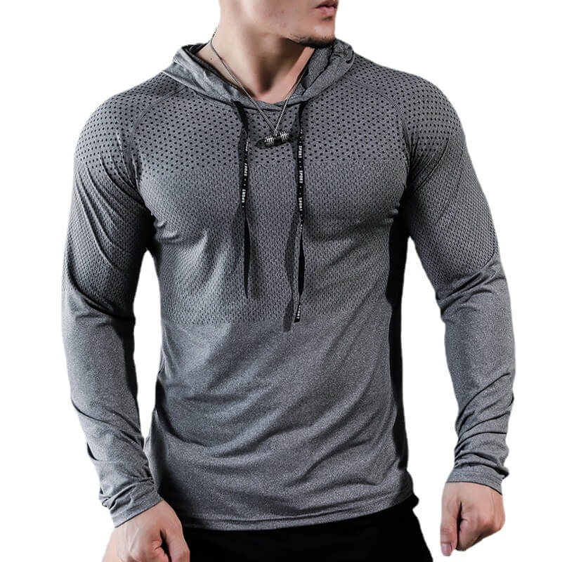 Athletic men's hooded sweatshirt in gray, ideal for workouts, featuring lightweight polyester for comfort and warmth. Style SF1067.